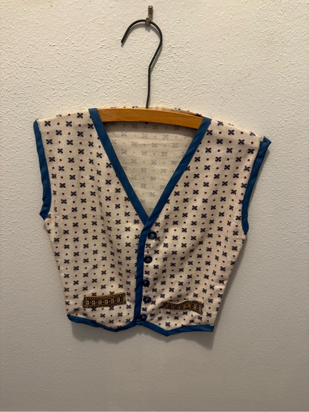 Vintage Handmade Childrens Toddler Patterned Vest Blue Trim Button Front